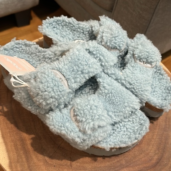 Birkenstock Arizona Big Buckle Genuine Shearling Sandal Blue Faded Aqua NEW 38 - Picture 2 of 10